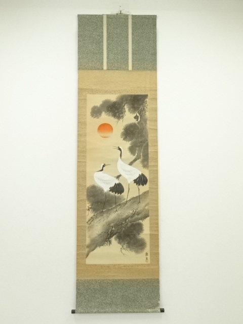 JAPANESE HANGING SCROLL / HAND PAINTED / PAIRED CRANES ON PINE TREE